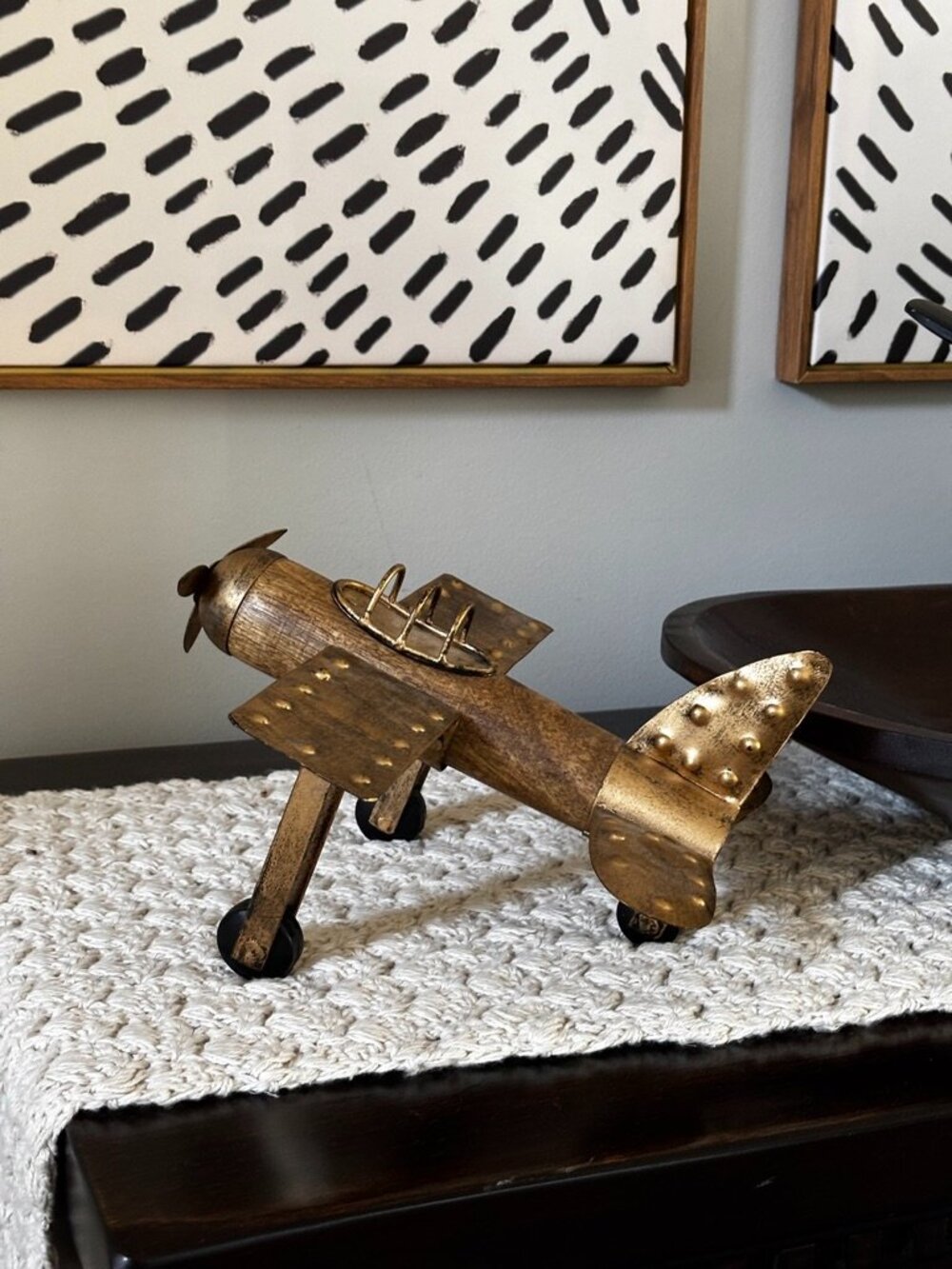 Art Rustic Gold Metal Airplane Sculpture Riveted Propeller Aviation Décor